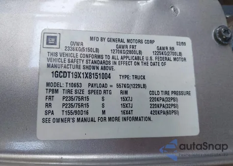 1999 Chevrolet S Truck Ls z USA, uszkodzony, nr VIN 1GCDT19X1X8151004